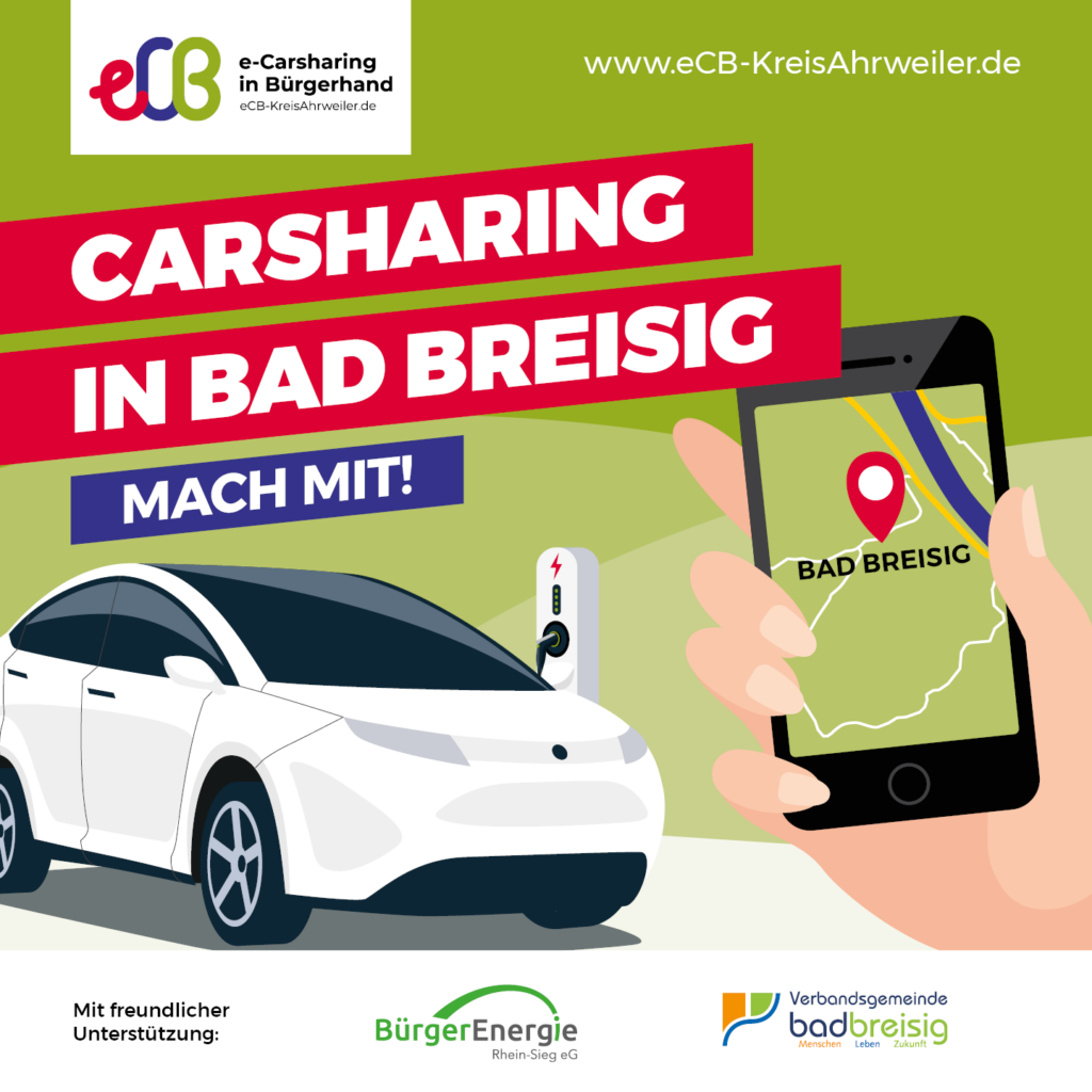 Poster mit abgebildetem E-Auto sowie einer Hand, die ein Smartphone hält