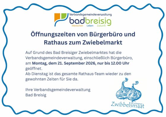 Öffnungszeiten von Bürgerbüro und Rathaus zum Zwiebelmarkt